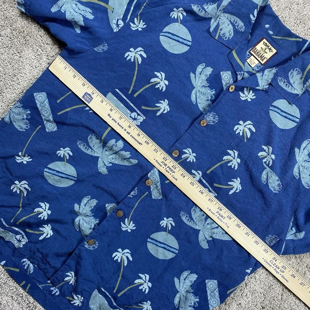 Tommy Bahama Mens Large Blue 100% Silk Tropical Palm Tree‎ Cocktail Camp Shirt